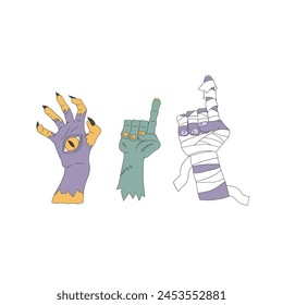 Cartoon spooky Halloween monsters mummy zombie hands vector illustration set isolated on white. Hand drawn linear style groovy creepy monstrous arms print collection. October 31st Halloween holiday