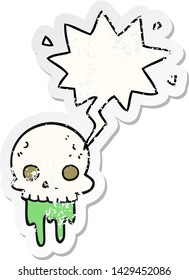 cartoon spooky halloween skull with speech bubble distressed distressed old sticker