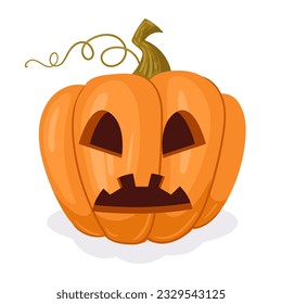 Cartoon spooky holiday pumpkin. Halloween carved pumpkin face decoration, scary jack-o-lantern flat vector illustration