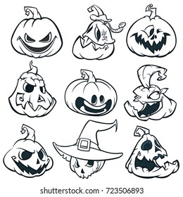 Cartoon spooky Jack O' Lantern pumpkins set outlined. Halloween vector illustration. Black strokes contour
