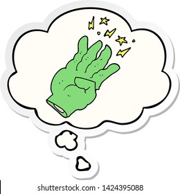 cartoon spooky magic hand with thought bubble as a printed sticker