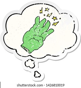 cartoon spooky magic hand with thought bubble as a distressed worn sticker