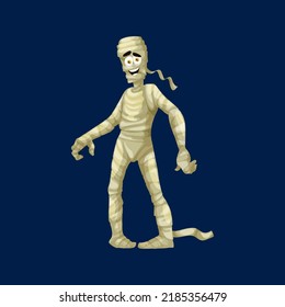 Cartoon spooky mummy Halloween character, vector funny bandaged monster. Costume for trick or treat party for kids, horror mascot with happy smiling face and bandage on body isolated personage