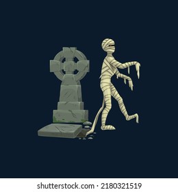 Cartoon spooky mummy rise from the grave creepy Halloween character. Vector bandaged monster, horror mascot with glowing eyes and bandage on body walking on cemetery, isolated eerie dead personage