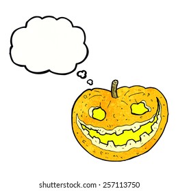 cartoon spooky pumpkin with thought bubble