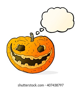 cartoon spooky pumpkin with thought bubble