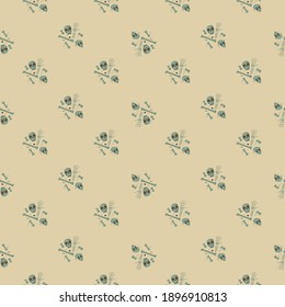 Cartoon spooky seamless pattern with simple skull and bones little elements. Pale beige background. Stock illustration. Vector design for textile, fabric, giftwrap, wallpapers.