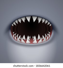 Cartoon Spooky Shark Jaw Isolated on Gray Background. Horror Background for Halloween Concept