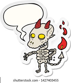 el demonio del esqueleto espeluznante de la caricatura con la pegatina de la burbuja del habla