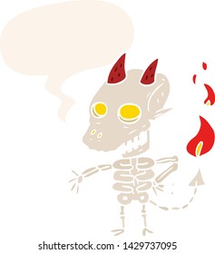 cartoon spooky skeleton demon with speech bubble in retro style