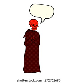 cartoon spooky skeleton in robe with speech bubble