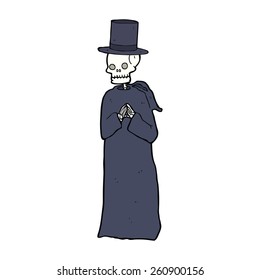 cartoon spooky skeleton wearing robe and top hat