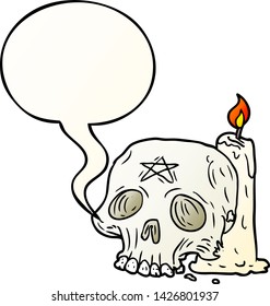 cartoon spooky skull and candle with speech bubble in smooth gradient style