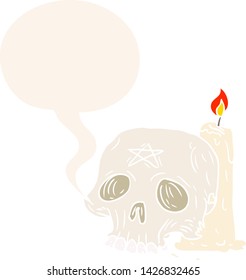 cartoon spooky skull and candle with speech bubble in retro style