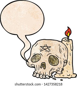 cartoon spooky skull and candle with speech bubble in retro texture style