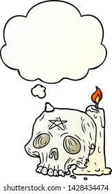 cartoon spooky skull and candle with thought bubble in smooth gradient style