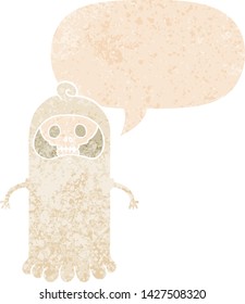 cartoon spooky skull ghost with speech bubble in grunge distressed retro textured style