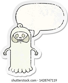cartoon spooky skull ghost with speech bubble distressed distressed old sticker