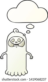cartoon spooky skull ghost with thought bubble in smooth gradient style
