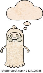 cartoon spooky skull ghost with thought bubble in grunge texture style