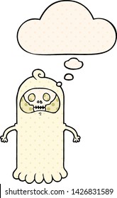 cartoon spooky skull ghost with thought bubble in comic book style