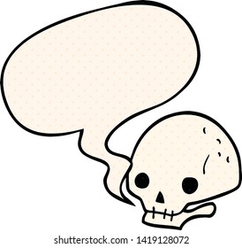 cartoon spooky skull with speech bubble in comic book style