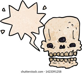 cartoon spooky skull with speech bubble in retro texture style