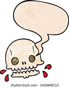 cráneo espeluznante de caricatura con burbuja de habla en estilo de textura retro