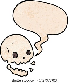 cráneo espeluznante de caricatura con burbuja de habla en estilo de textura retro