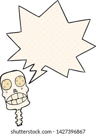 cartoon spooky skull with speech bubble in comic book style