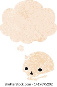 desenho animado crânio assustador com bolha de pensamento no grunge angustiado retro texturizado estilo