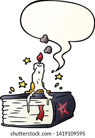 cartoon spooky spellbook with dribbling candle with speech bubble in smooth gradient style