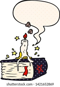 cartoon spooky spellbook with dribbling candle with speech bubble in comic book style