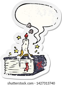 cartoon spooky spellbook with dribbling candle with speech bubble distressed distressed old sticker