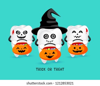 Cartoon spooky tooth with black hat. Trick or treat, Halloween concept. Illustration isolated on green background.
