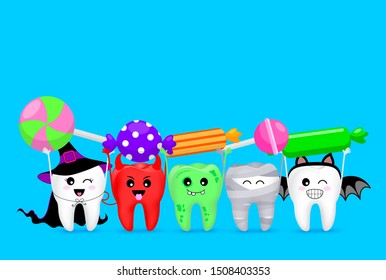 Cartoon spooky tooth in Halloween costumes with candies. Trick or treat, Halloween concept. Illustration isolated on blue background.