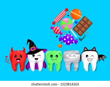 Cartoon spooky tooth in Halloween costumes with candies. Trick or treat, Halloween concept. Illustration isolated on blue background.