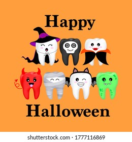 Cartoon spooky tooth in Halloween costumes. Trick or treat, Happy Halloween concept. Illustration isolated on orange background.
