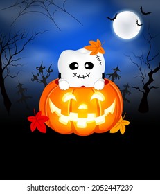 Cartoon spooky tooth and scared pumpkin with candle inside. Trick or treat, Halloween concept illustration.