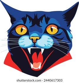 Cartoon spooky vampire cat head in blue colors, Halloween illustration.