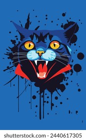 Cartoon spooky vampire cat head in blue colors, Halloween illustration.