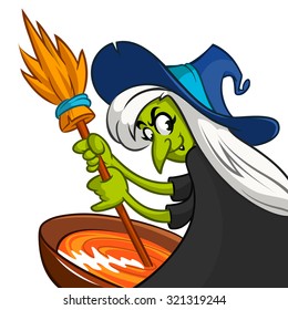 Cartoon of spooky witch preparing a potion with a broom. Vector illustration of a cartoon witch stirring her spooky brew isolated