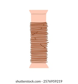 Cartoon spool of brown thread for needlework. Craft material vector icon.