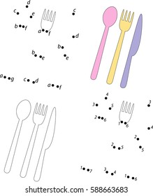 Cartoon spoon, knife and fork. Coloring book and dot to dot educational game for kids