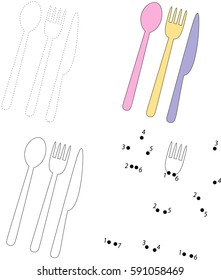 Cartoon spoon, knife and fork. Dot to dot educational game for kids