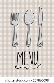 Cartoon spoon, knife and fork in front of table cloth