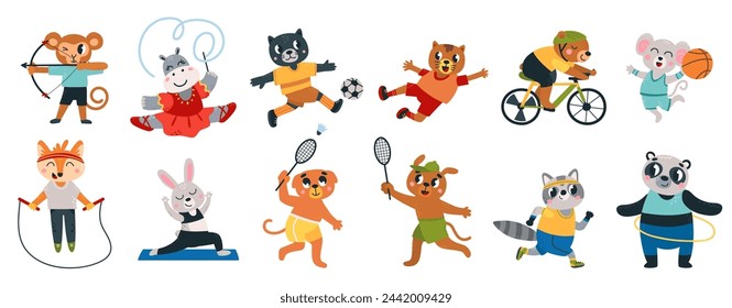 Animales de dibujos animados. Divertido entrenamiento de rana, oso y león. Mascotas infantiles de atletismo animal. Personajes deportivos salvajes aislados, conjunto de vectores con clase