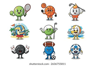 Cartoon sport ball mascot. Sports equipment character for tennis, basketball, golf, volleyball, bowling, football and soccer design vector set of sport game, football ball, golf and rugby illustration