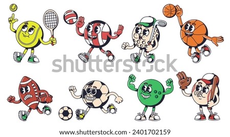 Cartoon sport ball mascot. Sports equipment character for tennis, basketball, golf, volleyball, bowling, football and soccer design vector set of sport game, football ball, golf and rugby illustration