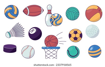 Cartoon sport ball. Set of different colorful game equipment, bowling billiard tennis football hockey golf ball different. Vector collection of sport game, ball for volleyball or soccer illustration